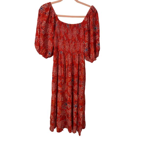 Angie Rayon Smocked Res MIDI Dress Balloon Sleeve Pocketed Floral Summer Size M - Picture 1 of 8